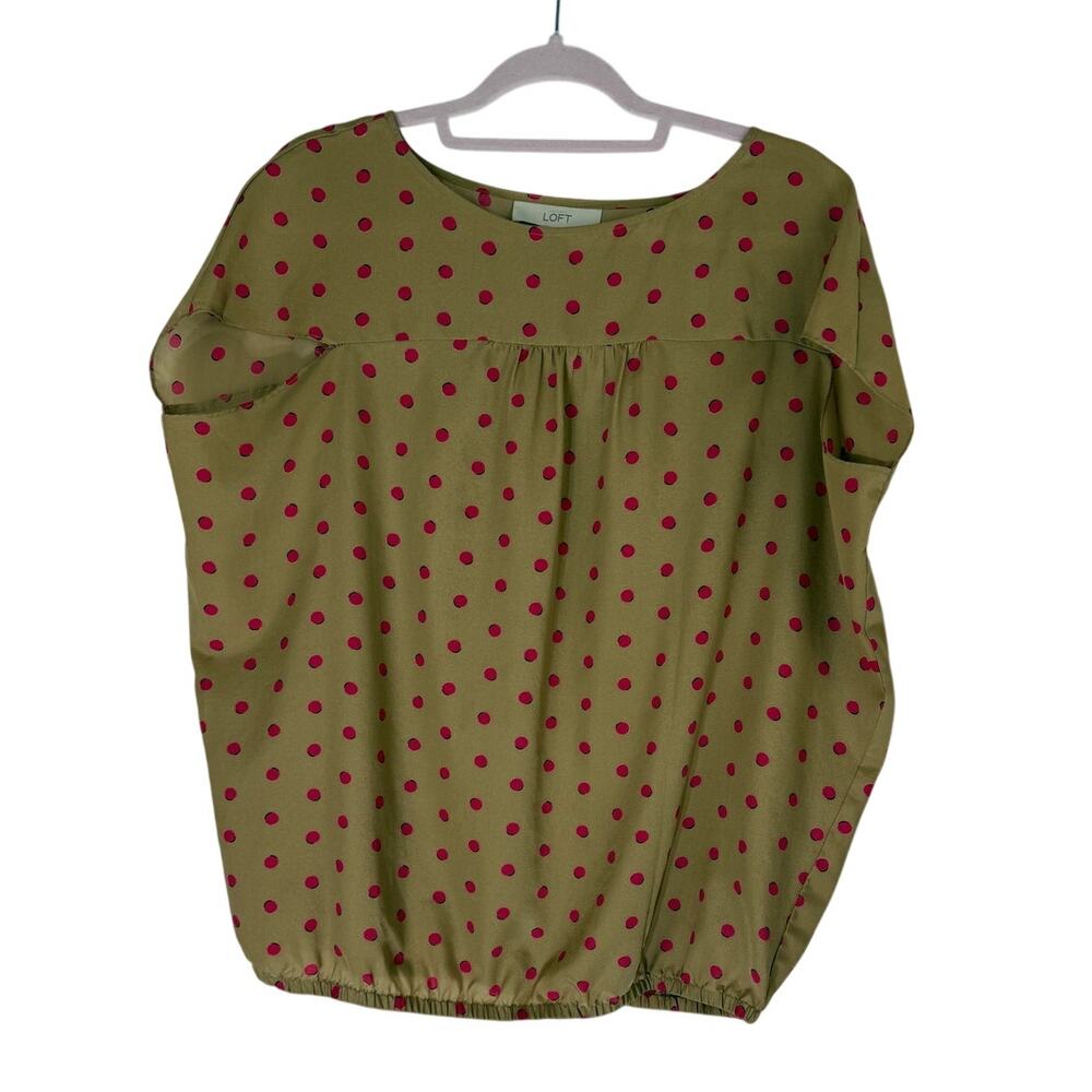 Loft Tan & Pink Polka Dots Short Cap Sleeve Oversized Silky Blouse Top Size S - Picture 2 of 10